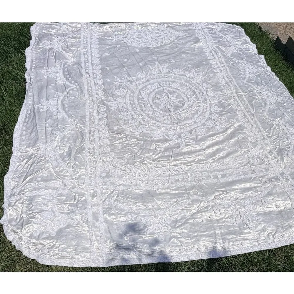 Vtg 50's EVERWEAR Chenille Satin Bedspread Cream White Full/Queen Hollywood Glam